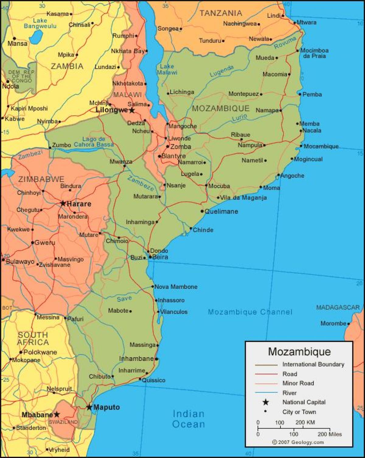 mapa de Moçambique costa