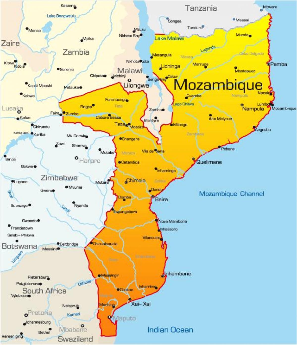 mapa de Moçambique mapa com distâncias