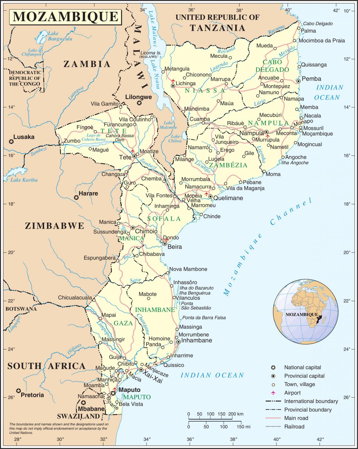 aeroportos em Moçambique num mapa